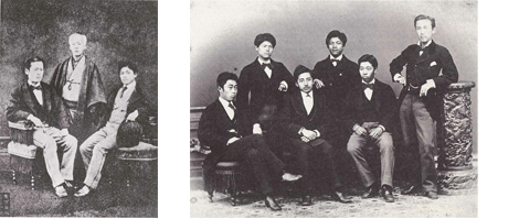 〔照片〕左:森村市左卫门(左)、父五代市左卫门(中央)、丰(右) 〔照片〕右:乘坐Oceanic号的六人